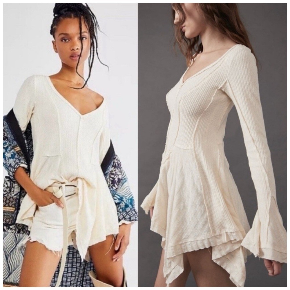 We The Free People Primrose Thermal Tunic Mini Dress top Ivory color Medium M/8